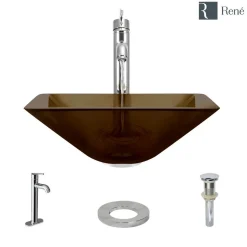 Rene 17" Square Glass Bathroom Sink, Cashmere, with Faucet, R5-5003-CAS-R9-7001-C