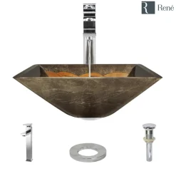 Rene 17" Square Glass Bathroom Sink, Metallic Green and Gold, with Faucet, R5-5036-R9-7003-C