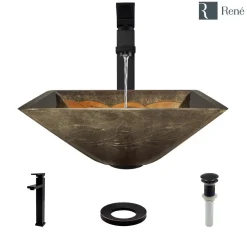 Rene 17" Square Glass Bathroom Sink, Metallic Green and Gold, with Faucet, R5-5036-R9-7003-ABR