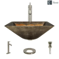 Rene 17" Square Glass Bathroom Sink, Metallic Green and Gold, with Faucet, R5-5036-R9-7001-BN