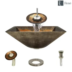 Rene 17" Square Glass Bathroom Sink, Metallic Green and Gold, with Faucet, R5-5036-WF-BN