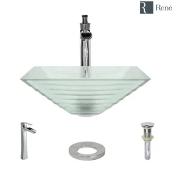 Rene 17" Square Glass Bathroom Sink, Textured, with Faucet, R5-5004-R9-7007-C