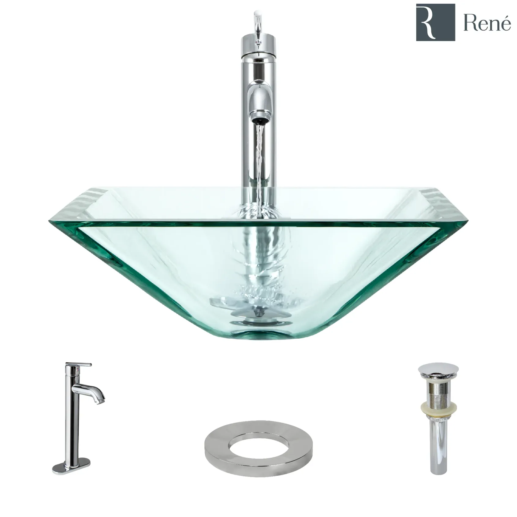 Rene 17" Square Glass Bathroom Sink, Crystal, with Faucet, R5-5003-CRY-R9-7001-C