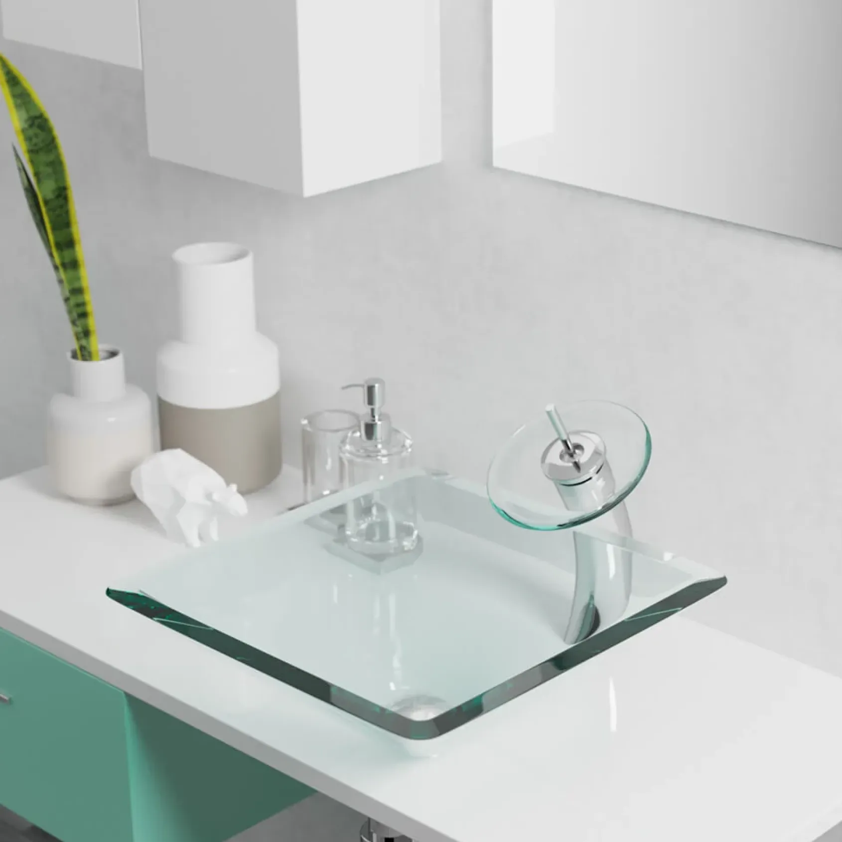 Rene 17" Square Glass Bathroom Sink, Crystal, with Faucet, R5-5003-CRY-R9-7001-C