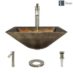 Rene 17" Square Glass Bathroom Sink, Metallic Green and Gold, with Faucet, R5-5036-R9-7006-BN