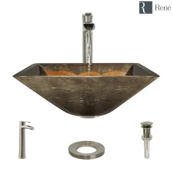 Rene 17" Square Glass Bathroom Sink, Metallic Green and Gold, with Faucet, R5-5036-R9-7007-BN