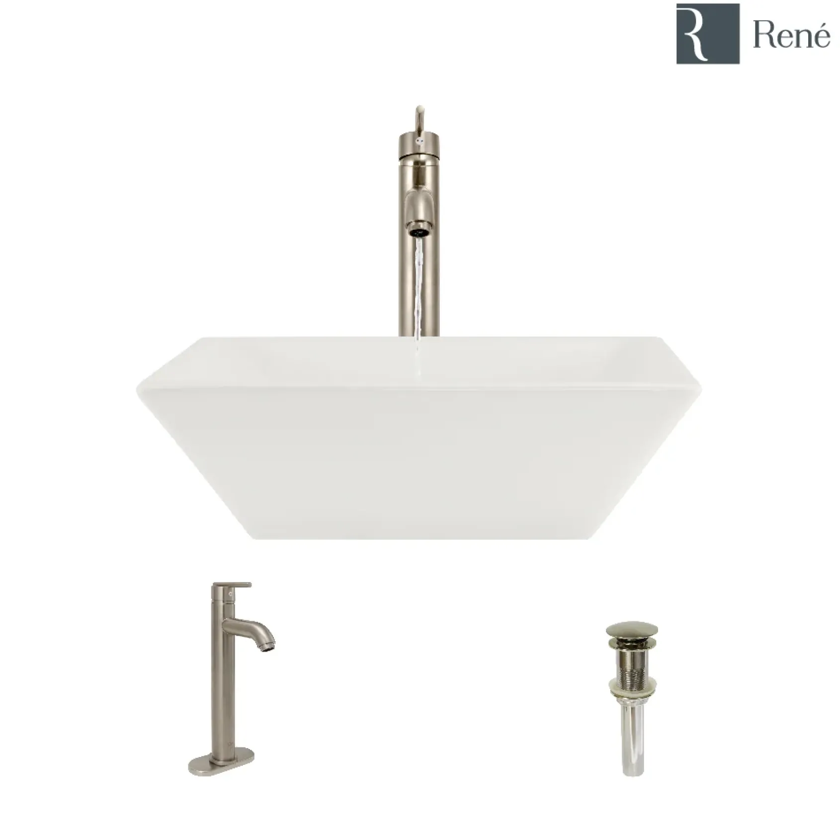 Rene 16" Square Porcelain Bathroom Sink, Biscuit, with Faucet, R2-5010-B-R9-7001-BN