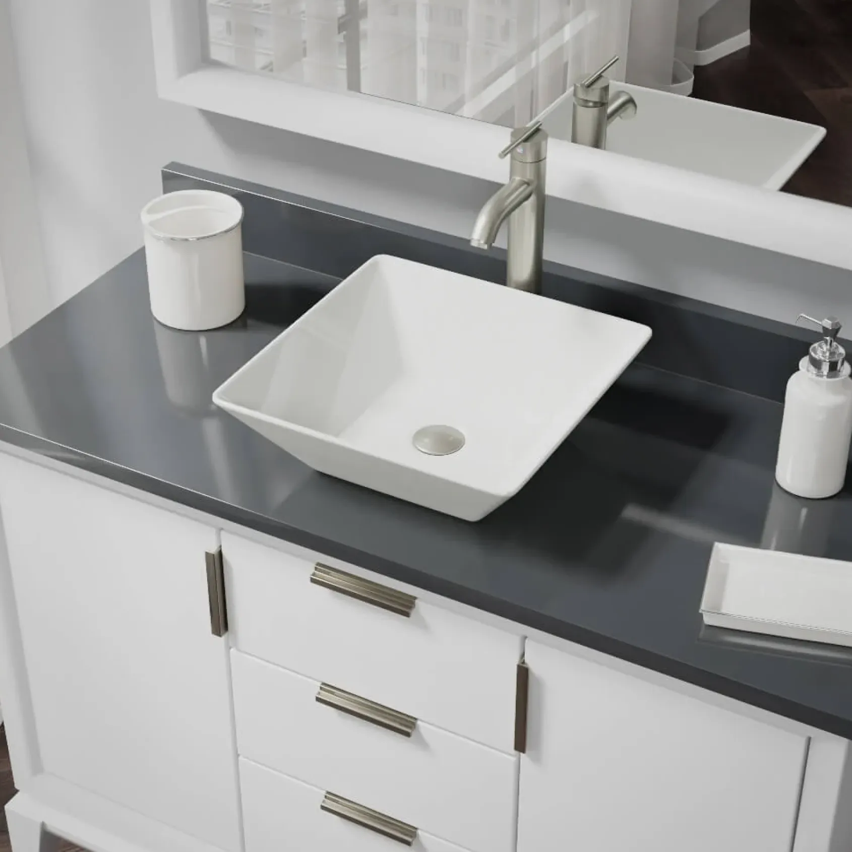 Rene 16" Square Porcelain Bathroom Sink, Biscuit, with Faucet, R2-5010-B-R9-7001-BN