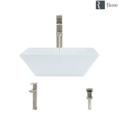 Rene 16" Square Porcelain Bathroom Sink, White, with Faucet, R2-5010-W-R9-7003-BN