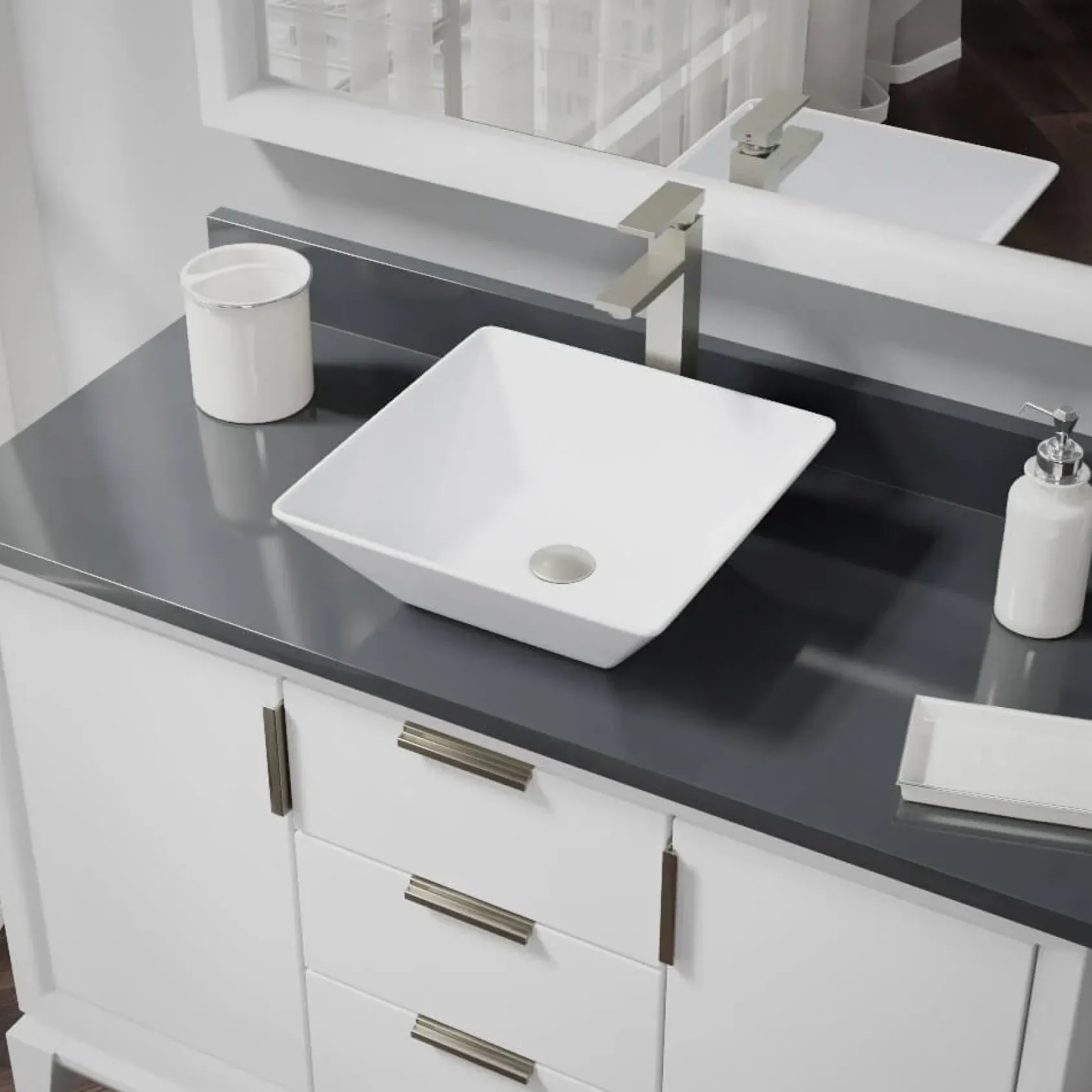 Rene 16" Square Porcelain Bathroom Sink, White, with Faucet, R2-5010-W-R9-7003-BN