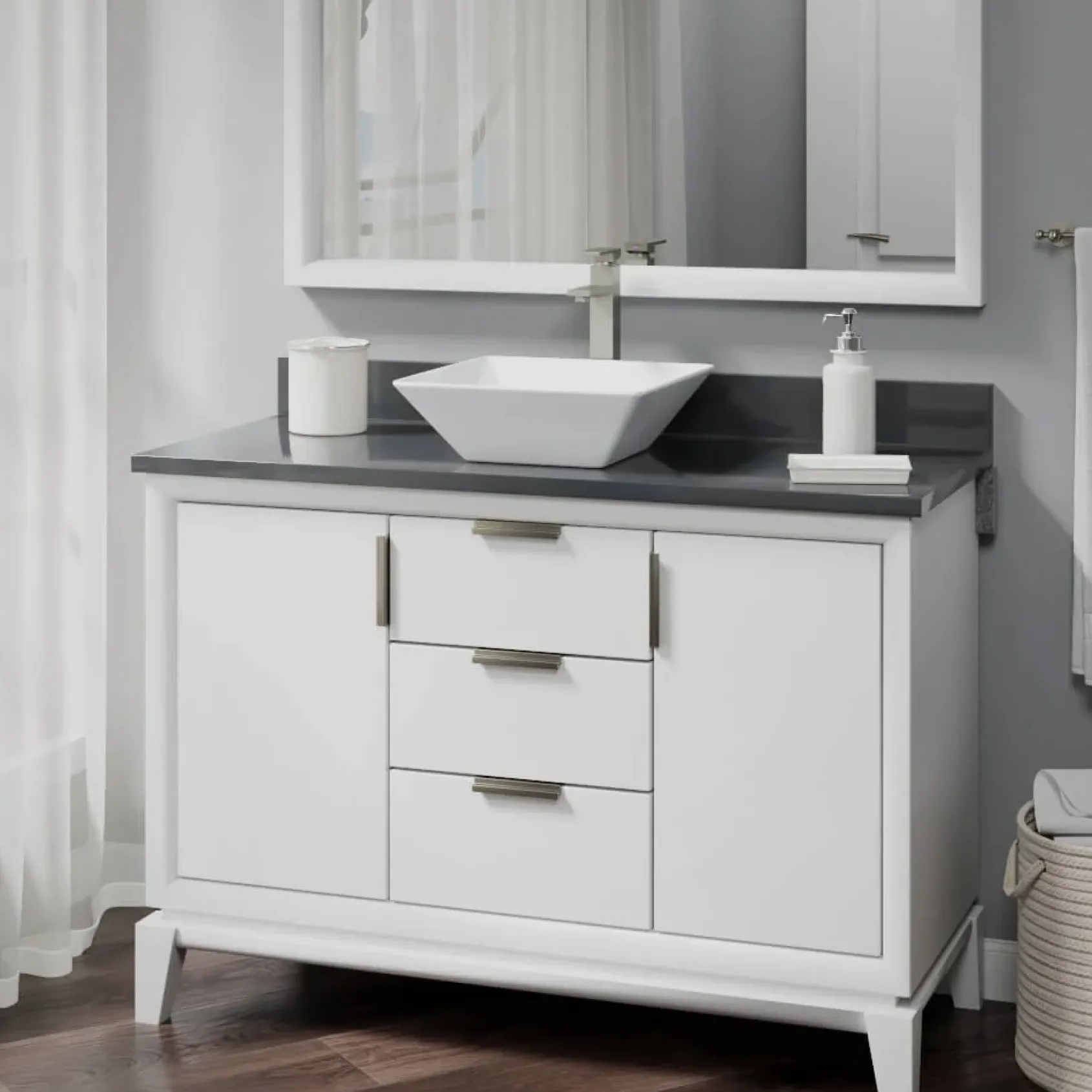 Rene 16" Square Porcelain Bathroom Sink, White, with Faucet, R2-5010-W-R9-7003-BN