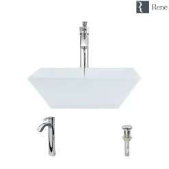 Rene 16" Square Porcelain Bathroom Sink, White, with Faucet, R2-5010-W-R9-7006-C