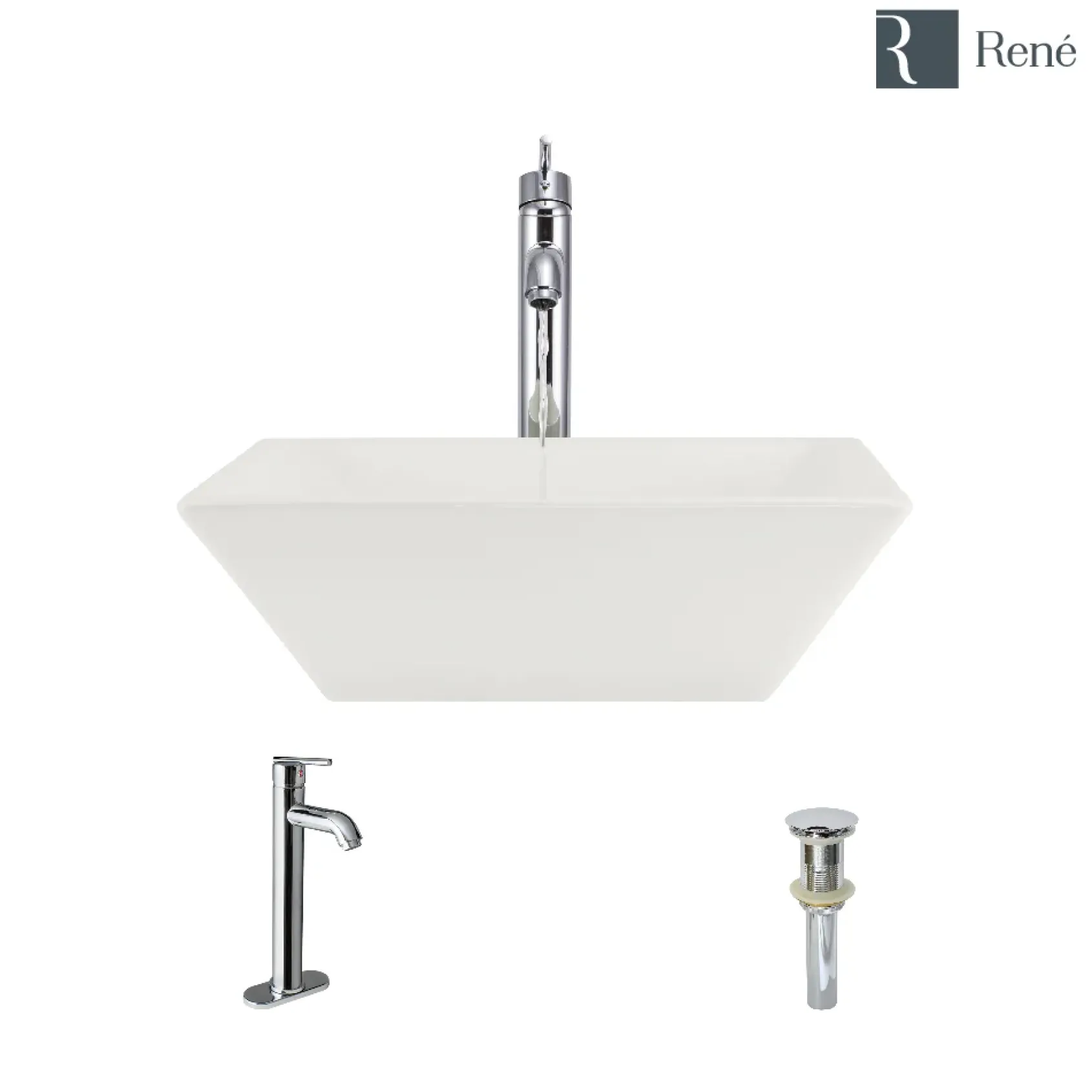 Rene 16" Square Porcelain Bathroom Sink, Biscuit, with Faucet, R2-5010-B-R9-7001-C