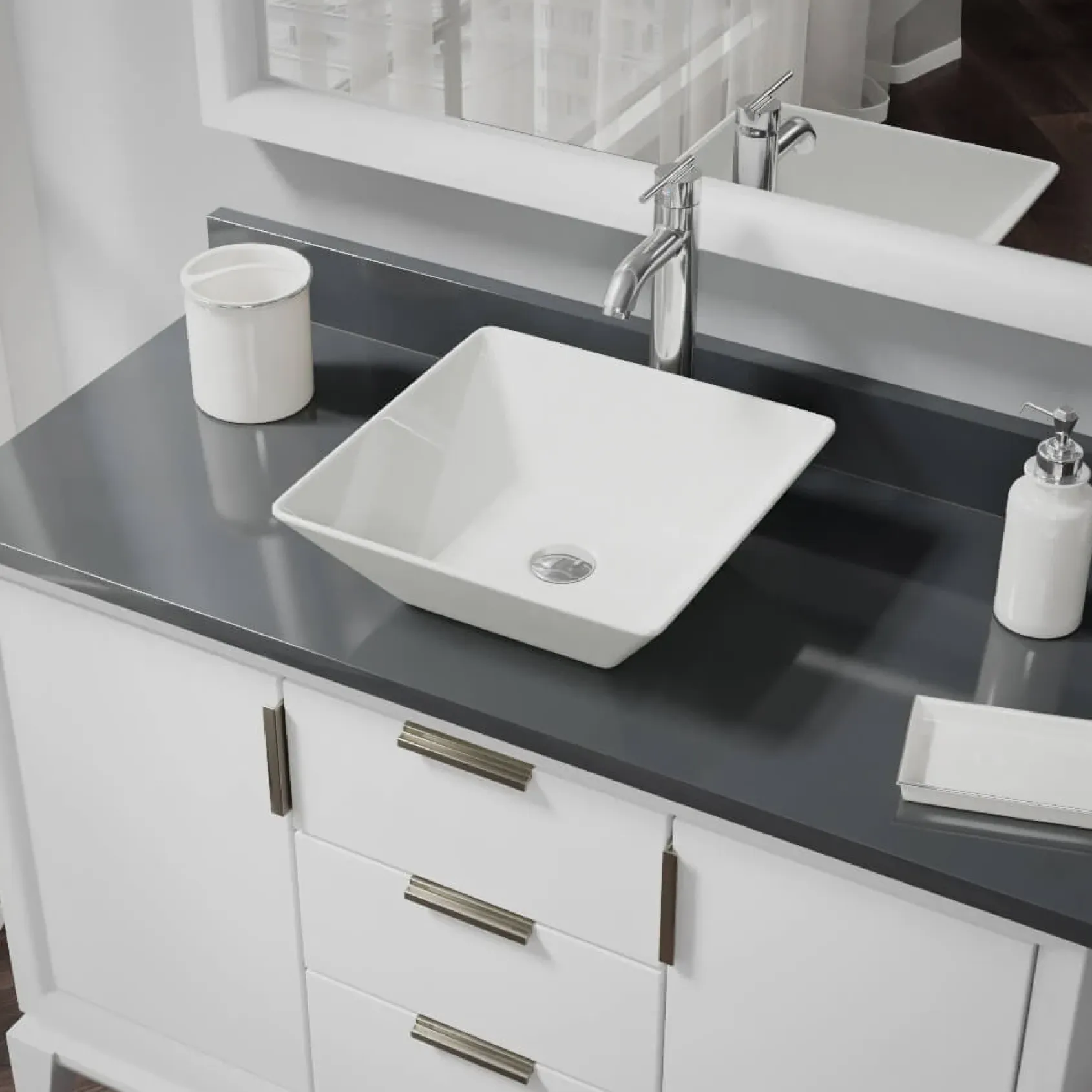 Rene 16" Square Porcelain Bathroom Sink, Biscuit, with Faucet, R2-5010-B-R9-7001-C
