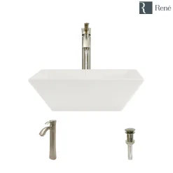 Rene 16" Square Porcelain Bathroom Sink, Biscuit, with Faucet, R2-5010-B-R9-7006-BN