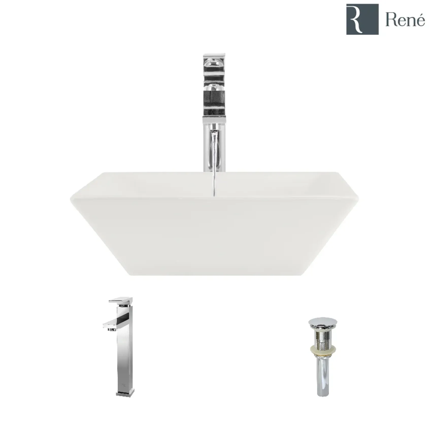 Rene 16" Square Porcelain Bathroom Sink, Biscuit, with Faucet, R2-5010-B-R9-7003-C