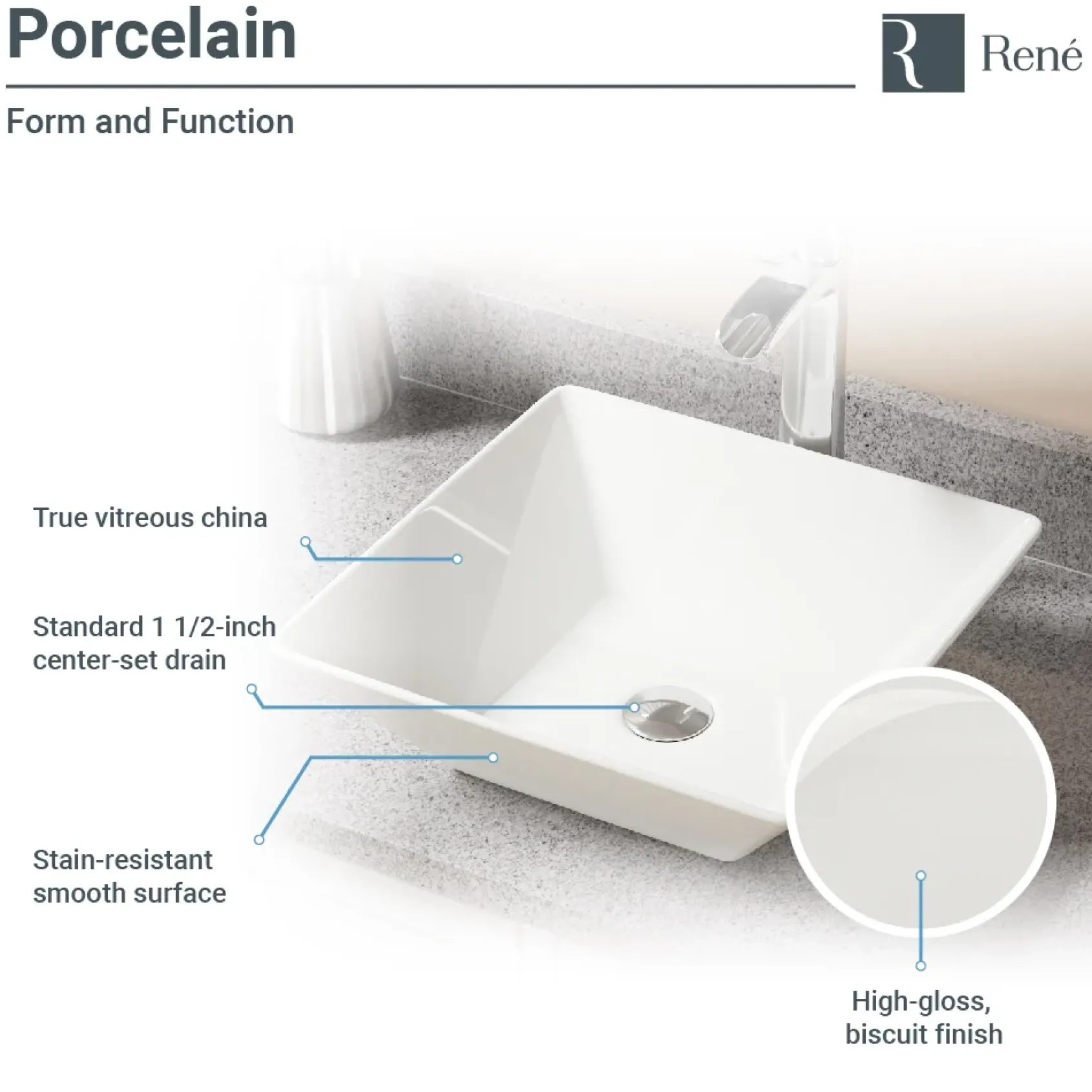 Rene 16" Square Porcelain Bathroom Sink, Biscuit, with Faucet, R2-5010-B-R9-7003-C