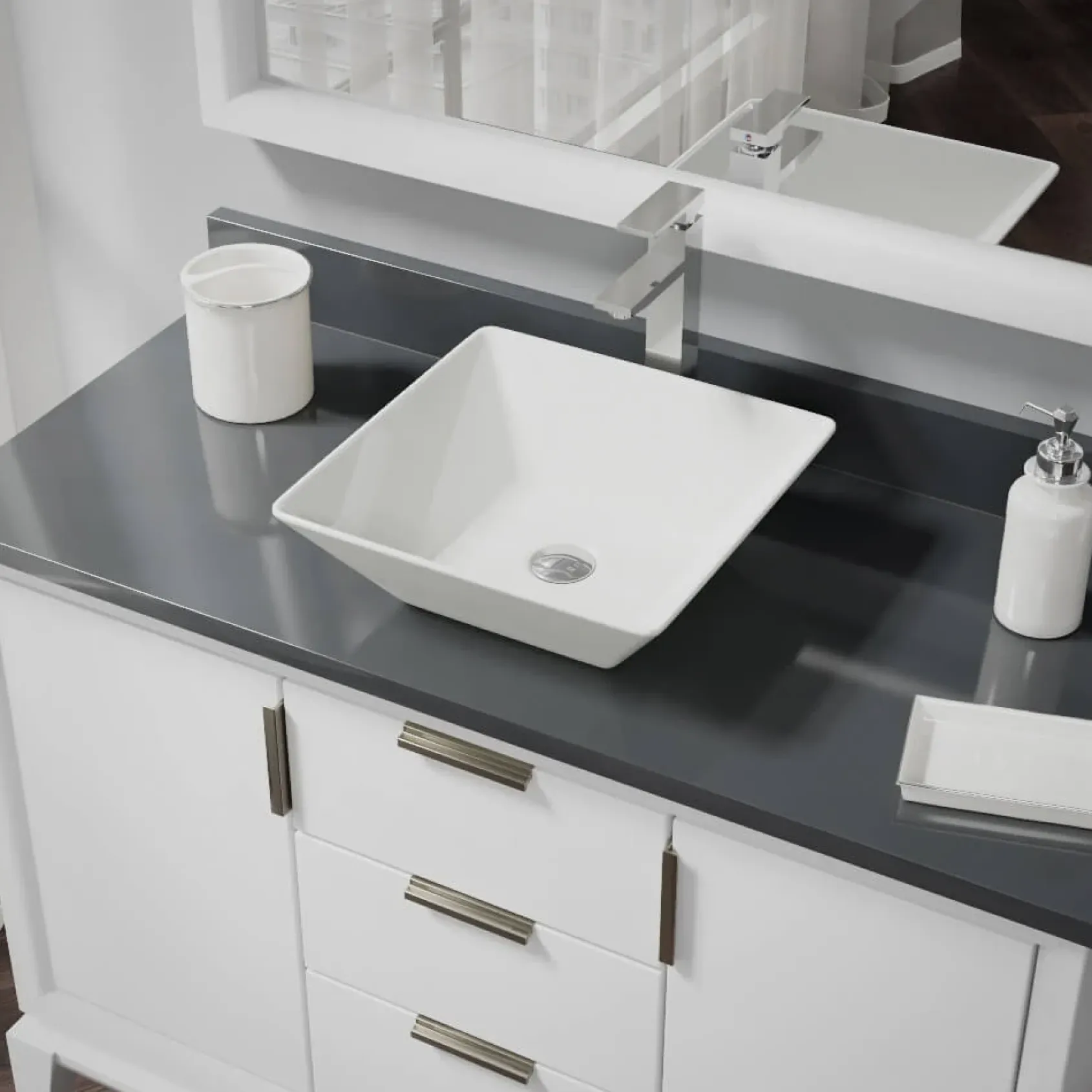 Rene 16" Square Porcelain Bathroom Sink, Biscuit, with Faucet, R2-5010-B-R9-7003-C