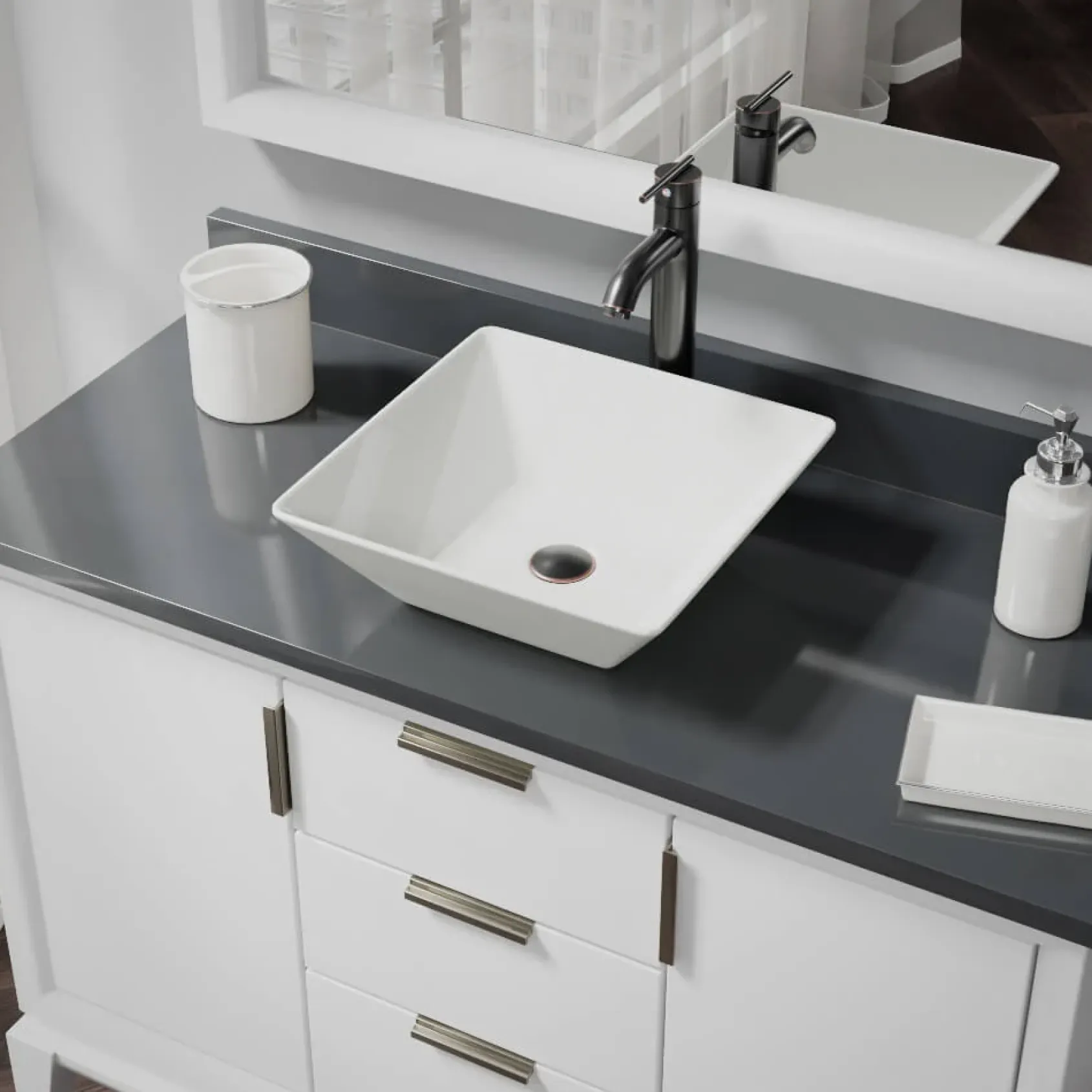 Rene 16" Square Porcelain Bathroom Sink, Biscuit, with Faucet, R2-5010-B-R9-7001-ABR