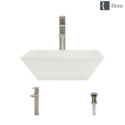 Rene 16" Square Porcelain Bathroom Sink, Biscuit, with Faucet, R2-5010-B-R9-7003-BN