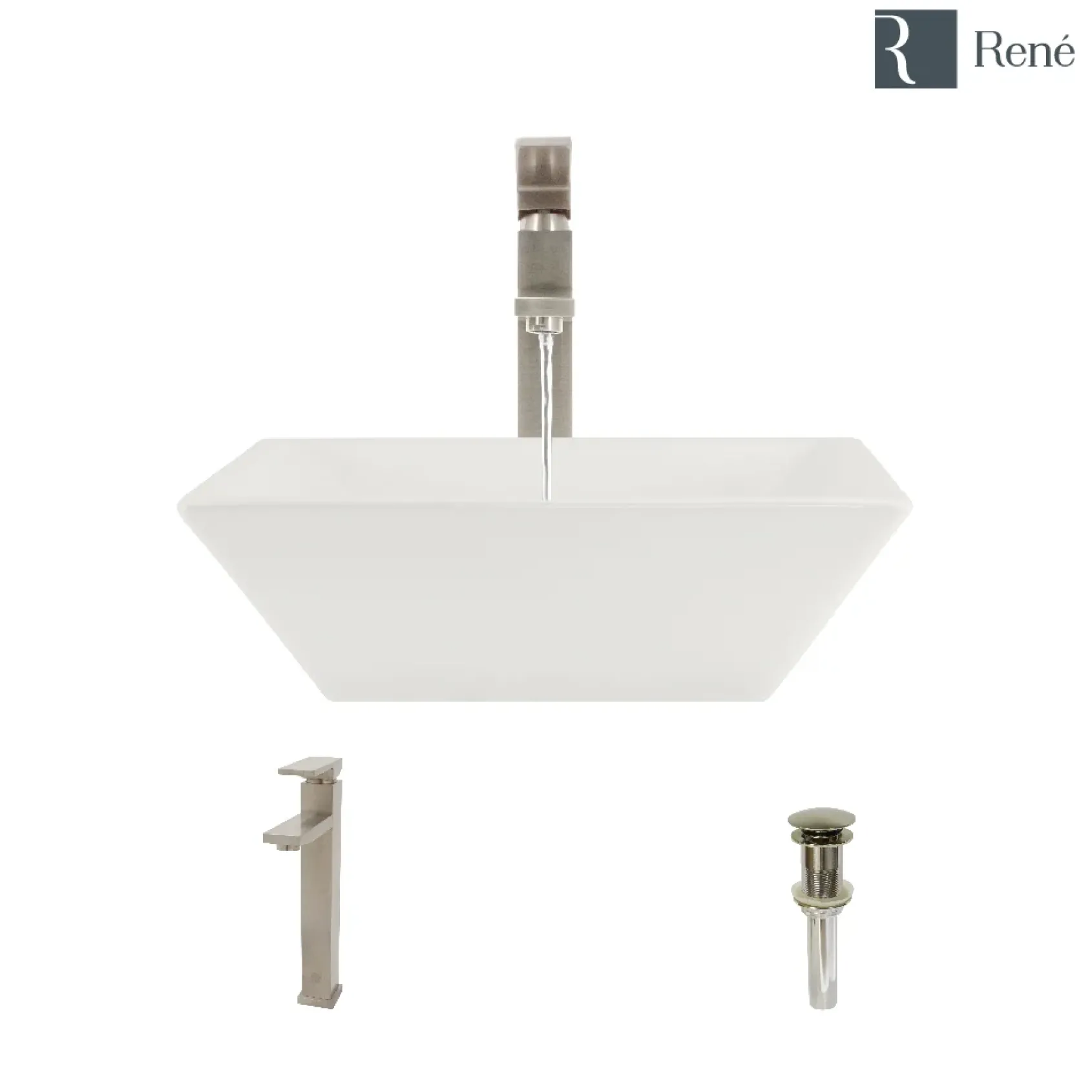 Rene 16" Square Porcelain Bathroom Sink, Biscuit, with Faucet, R2-5010-B-R9-7003-BN