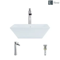 Rene 16" Square Porcelain Bathroom Sink, White, with Faucet, R2-5010-W-R9-7007-C
