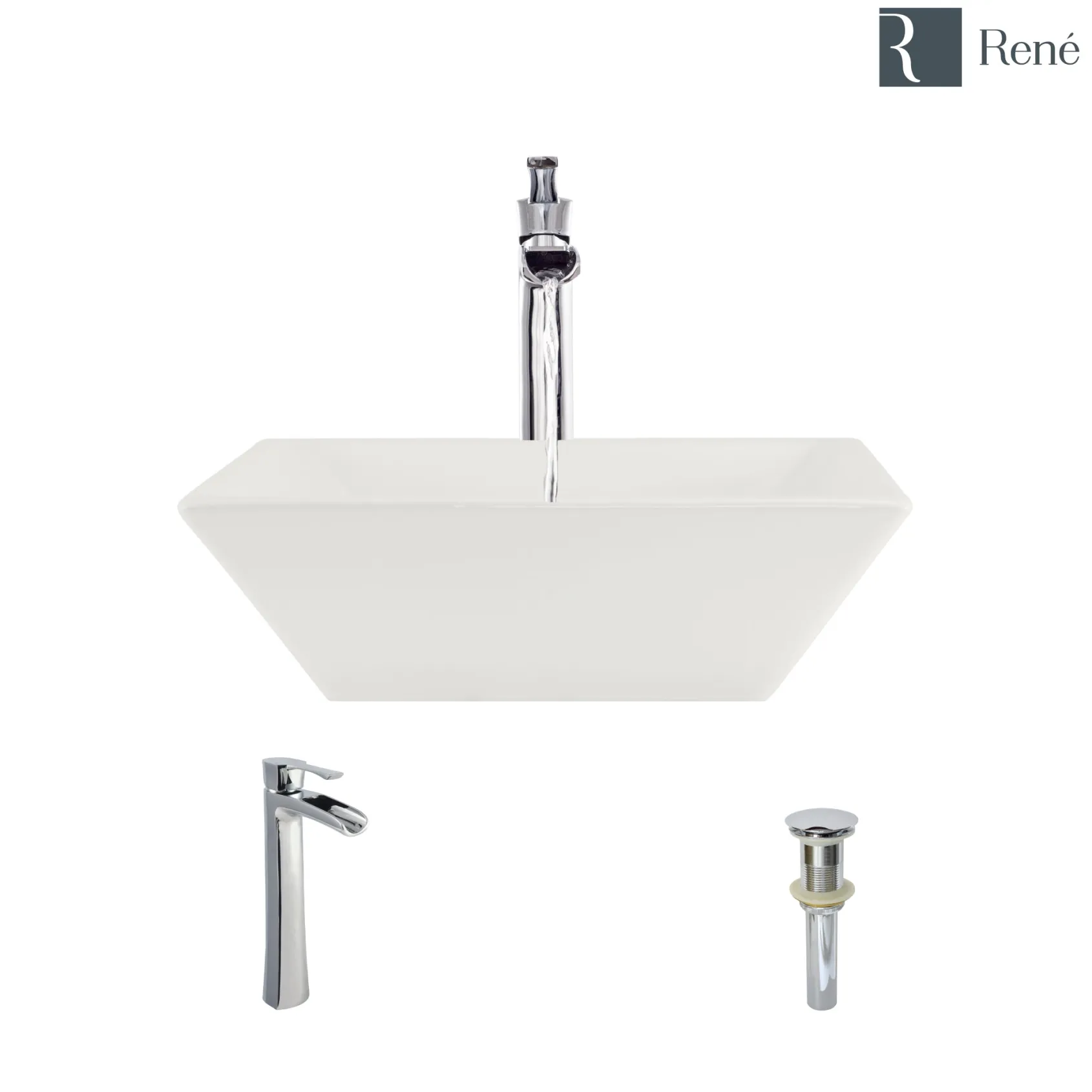 Rene 16" Square Porcelain Bathroom Sink, Biscuit, with Faucet, R2-5010-B-R9-7007-C