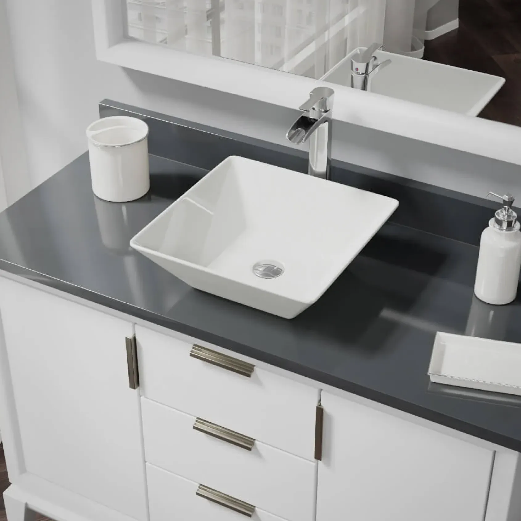 Rene 16" Square Porcelain Bathroom Sink, Biscuit, with Faucet, R2-5010-B-R9-7007-C