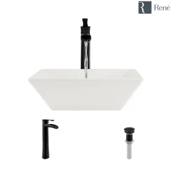 Rene 16" Square Porcelain Bathroom Sink, Biscuit, with Faucet, R2-5010-B-R9-7007-ABR