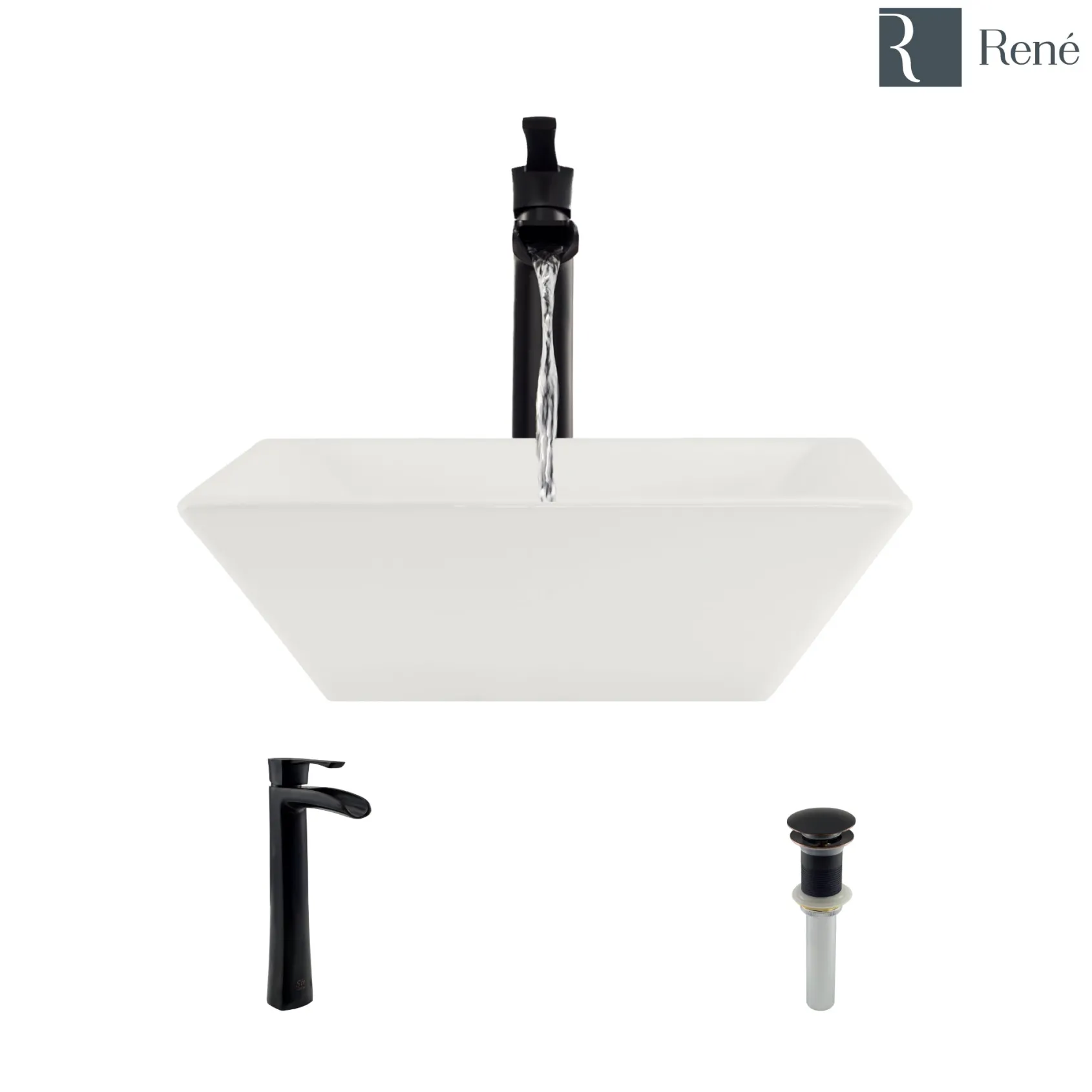 Rene 16" Square Porcelain Bathroom Sink, Biscuit, with Faucet, R2-5010-B-R9-7007-ABR