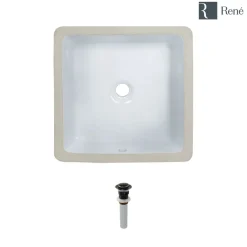 Rene 16" Square Porcelain Bathroom Sink, White, R2-1006-W-PUD-ABR