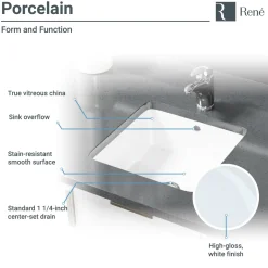 Rene 16" Square Porcelain Bathroom Sink, White, R2-1006-W-PUD-ABR