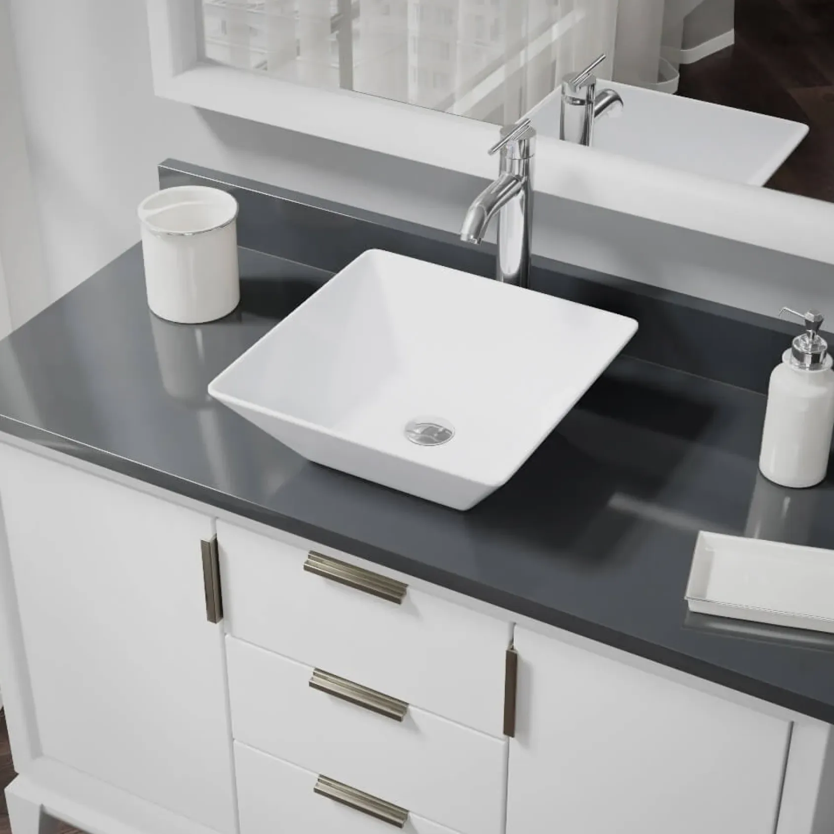 Rene 16" Square Porcelain Bathroom Sink, White, with Faucet, R2-5010-W-R9-7001-C