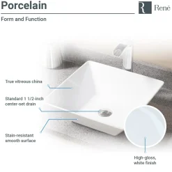 Rene 16" Square Porcelain Bathroom Sink, White, with Faucet, R2-5010-W-R9-7006-BN