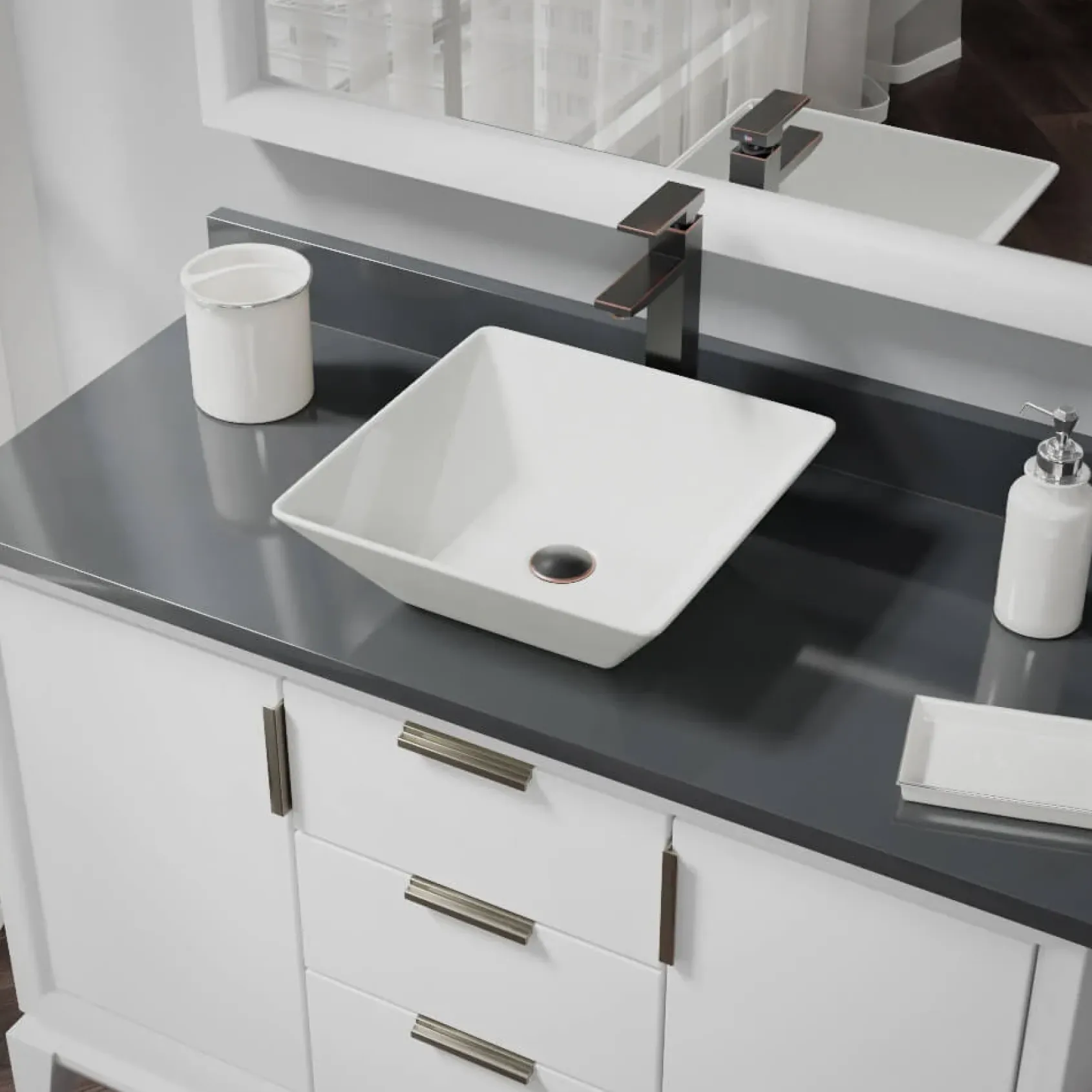 Rene 16" Square Porcelain Bathroom Sink, Biscuit, with Faucet, R2-5010-B-R9-7003-ABR