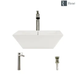 Rene 16" Square Porcelain Bathroom Sink, Biscuit, with Faucet, R2-5010-B-R9-7007-BN