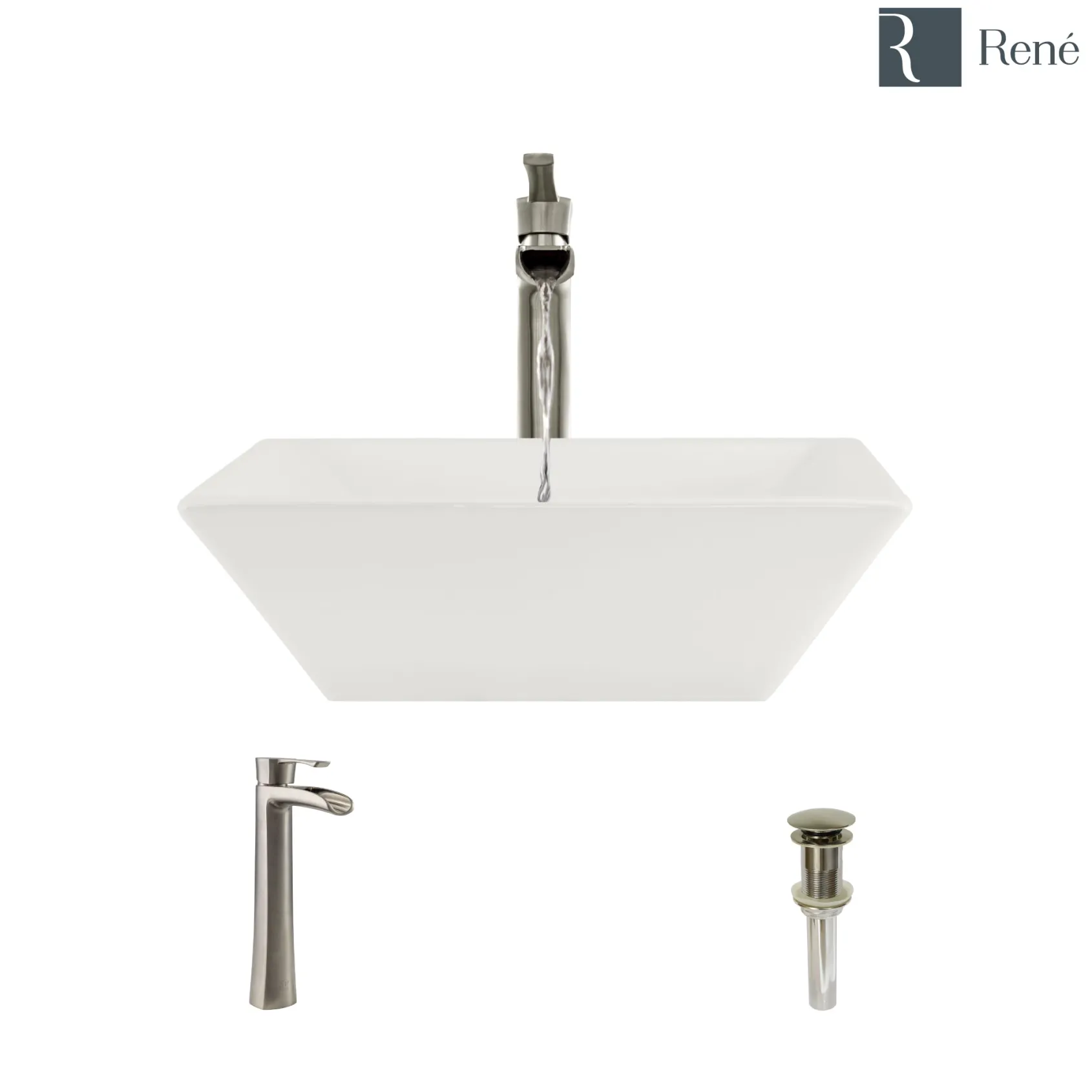 Rene 16" Square Porcelain Bathroom Sink, Biscuit, with Faucet, R2-5010-B-R9-7007-BN