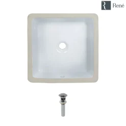 Rene 16" Square Porcelain Bathroom Sink, White, R2-1006-W-PUD-C
