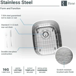 Rene 15" Stainless Steel Bar/Prep Sink, 16 Gauge, R1-1014-16