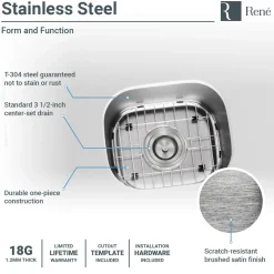 Rene 15" Stainless Steel Bar/Prep Sink, 18 Gauge, R1-1012-18