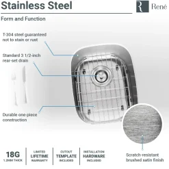 Rene 15" Stainless Steel Bar/Prep Sink, 18 Gauge, R1-1014-18