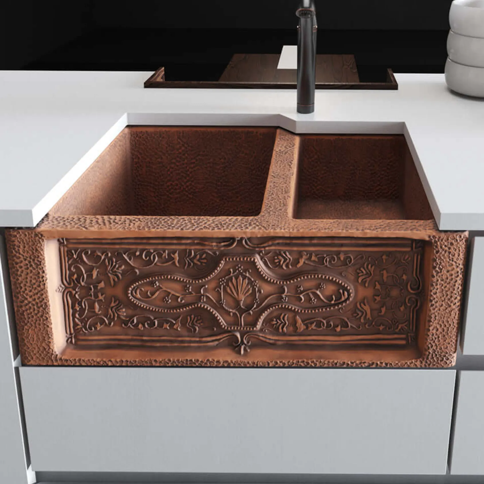 Rene 33" Copper Farmhouse Sink, 60/40 Double Bowl, R4-3001-ST-C