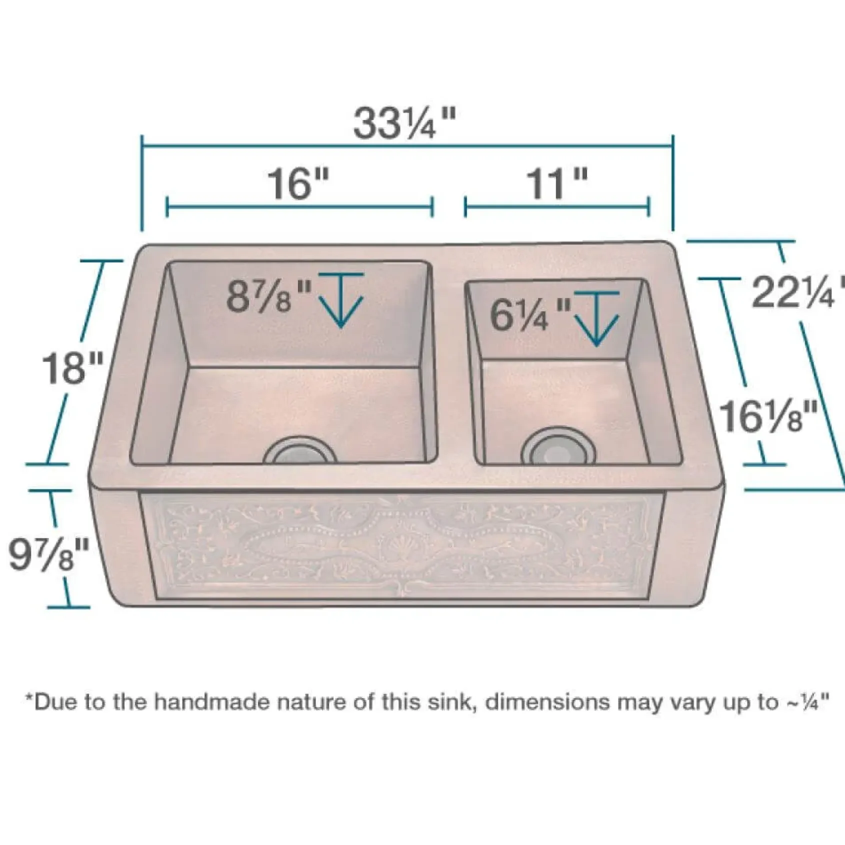 Rene 33" Copper Farmhouse Sink, 60/40 Double Bowl, R4-3001-ST-C