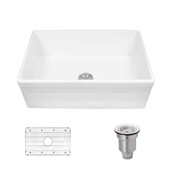 Rene 30" Fireclay Farmhouse Sink, White, Smooth/Edge R10-3005-ST-B