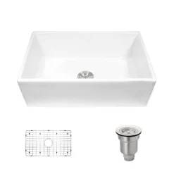 Rene 30" Fireclay Farmhouse Sink, White, Smooth/Fluted, R10-3002-ST-B