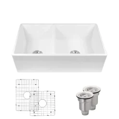 Rene 33" Fireclay Farmhouse Sink, 60/40 Double Bowl, White, R10-3003-ST-B