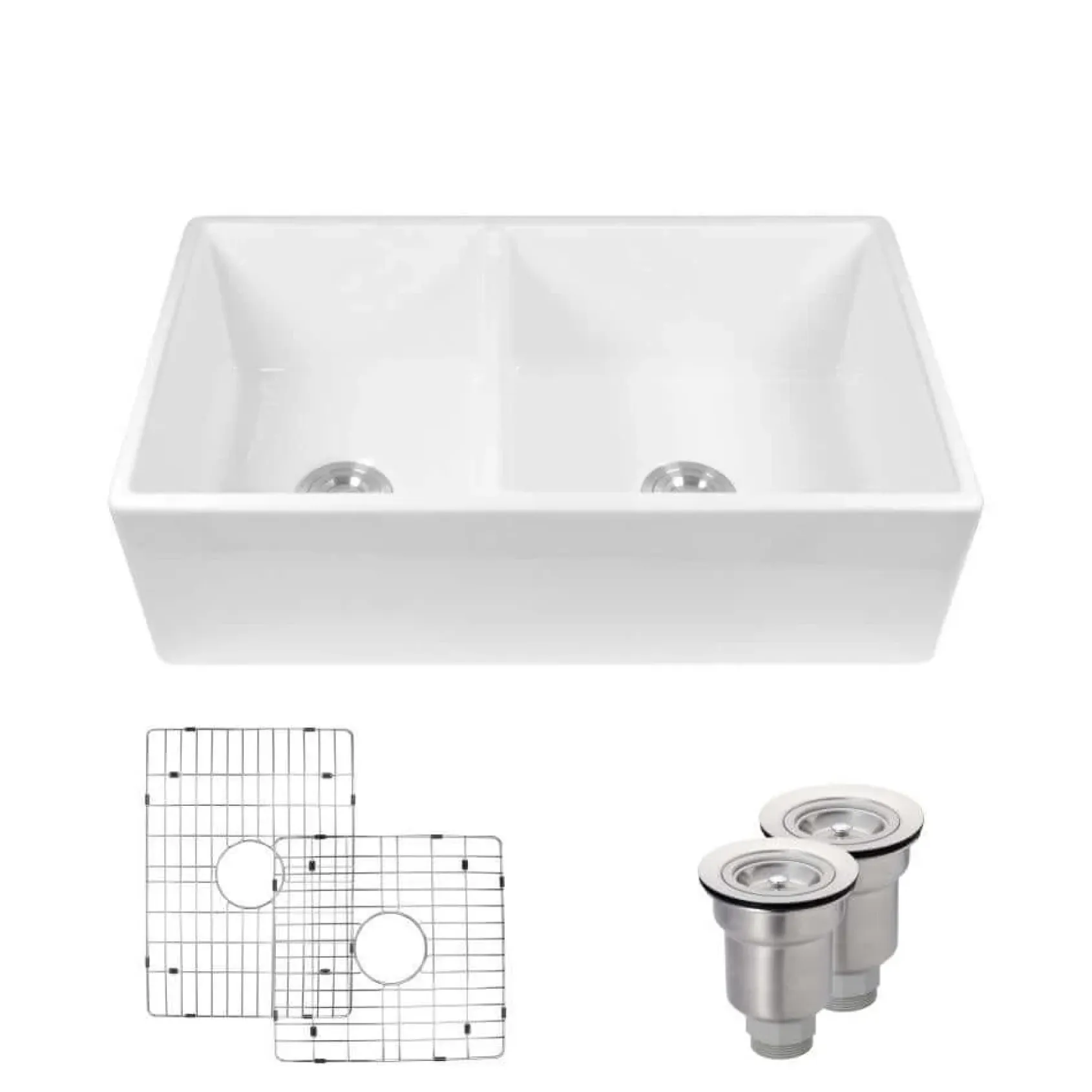 Rene 33" Fireclay Farmhouse Sink, 60/40 Double Bowl, White, R10-3003-ST-B