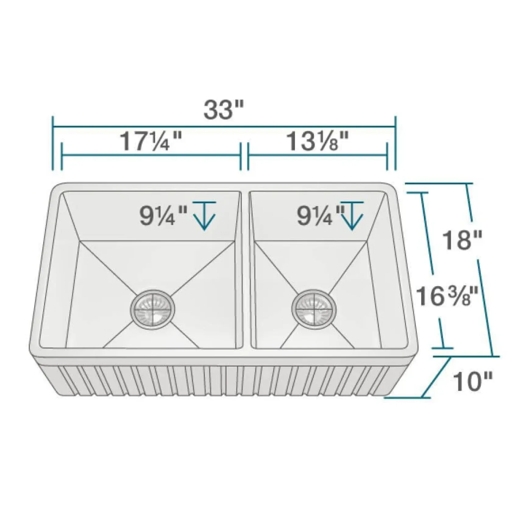 Rene 33" Fireclay Farmhouse Sink, 60/40 Double Bowl, White, R10-3003-ST-B