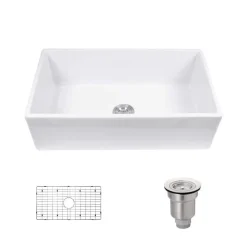 Rene 33" Fireclay Farmhouse Sink, White, R10-3001-ST-B