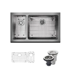 Rene 33" Stainless Steel Farmhouse Sink, 30/70 Double Bowl, 16 Gauge, R1-3003R-16
